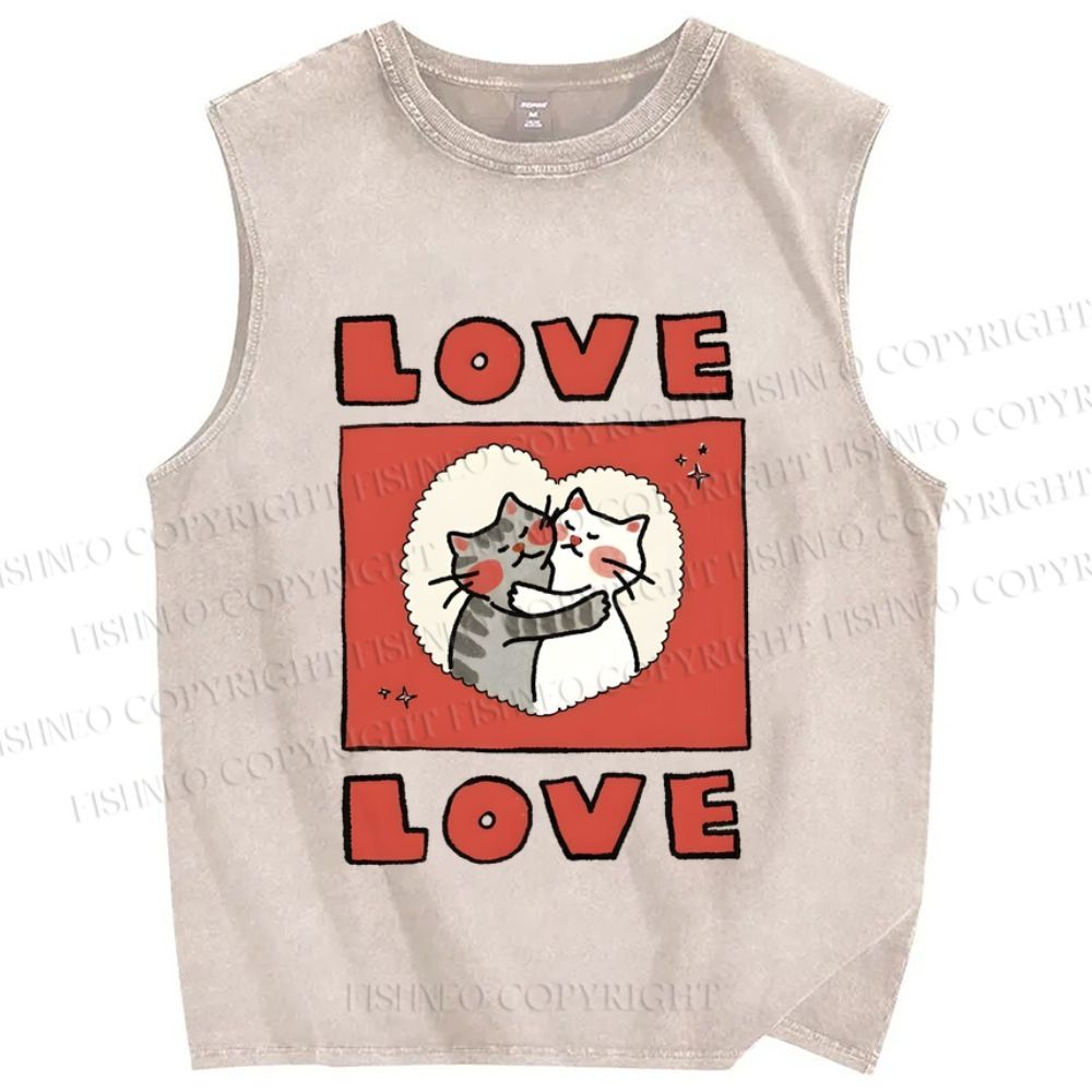 Unisex Love Cat Printed Washed Tank Top