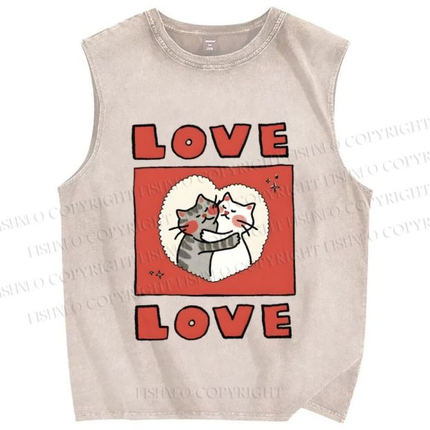 Unisex Love Cat Printed Washed Tank Top