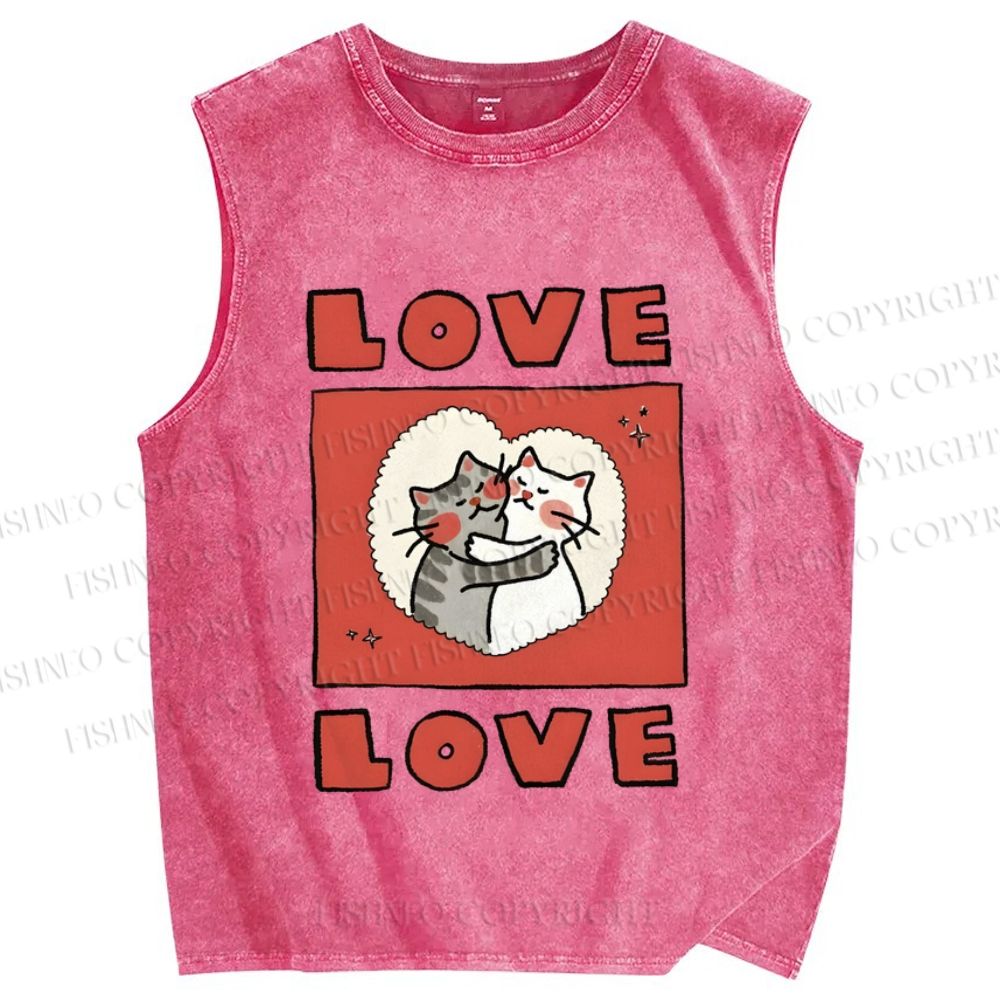 Unisex Love Cat Printed Washed Tank Top