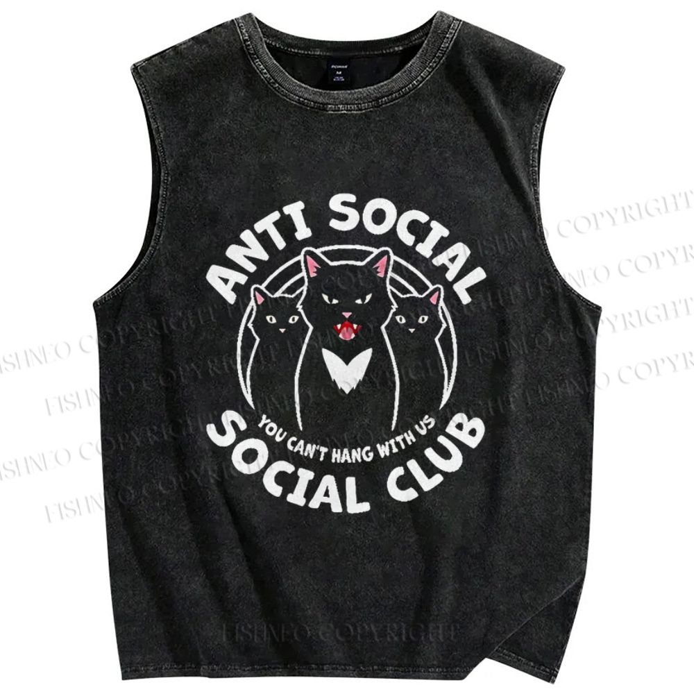 Unisex Anti-Social Cat Club Printed Washed Tank Top