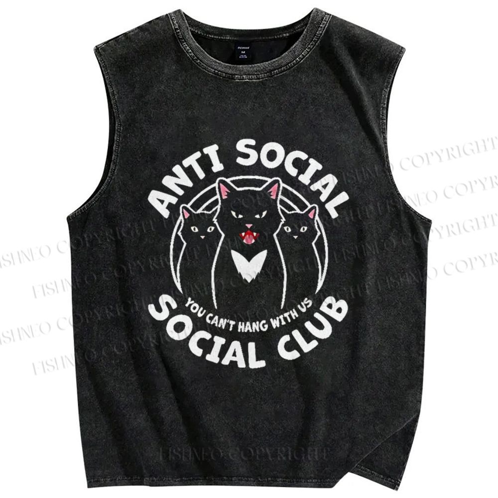 Unisex Anti-Social Cat Club Printed Washed Tank Top