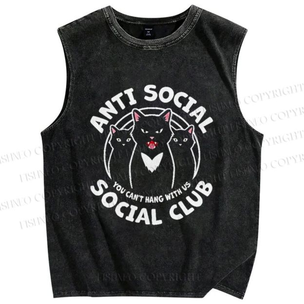 Unisex Anti-Social Cat Club Printed Washed Tank Top