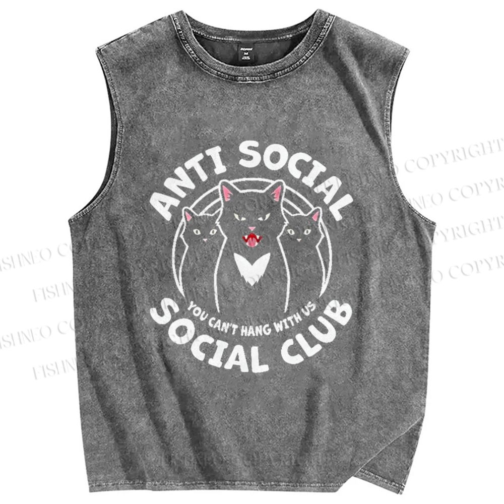 Unisex Anti-Social Cat Club Printed Washed Tank Top