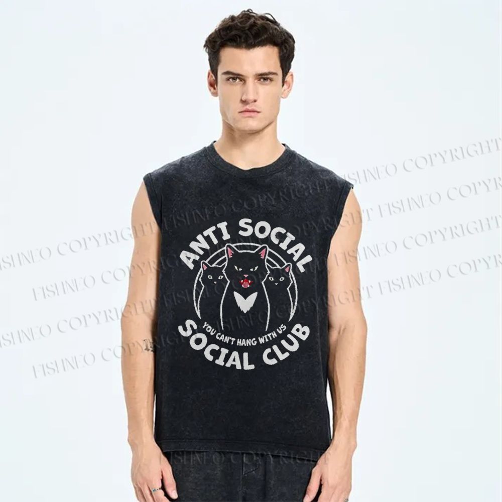 Unisex Anti-Social Cat Club Printed Washed Tank Top