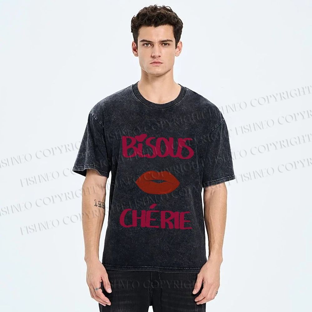 Unisex Bisous Cherie Lip Printed Washed Tee