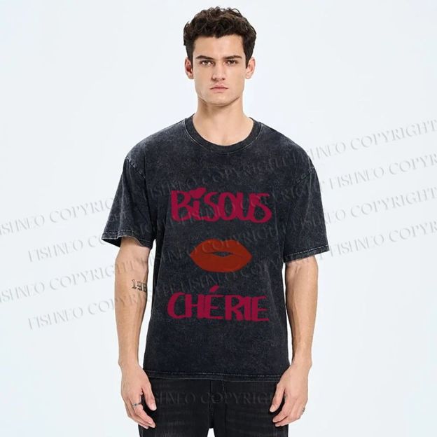Unisex Bisous Cherie Lip Printed Washed Tee