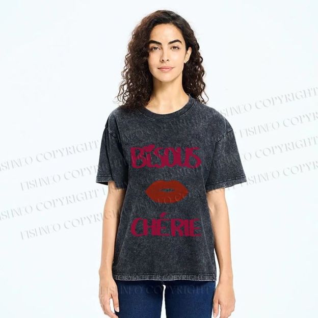 Unisex Bisous Cherie Lip Printed Washed Tee