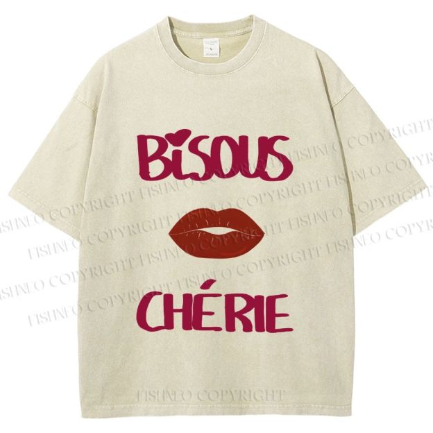 Unisex Bisous Cherie Lip Printed Washed Tee