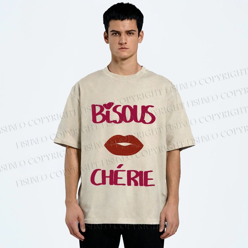 Unisex Bisous Cherie Lip Printed Washed Tee