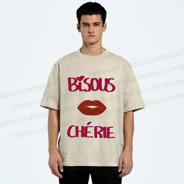 Unisex Bisous Cherie Lip Printed Washed Tee