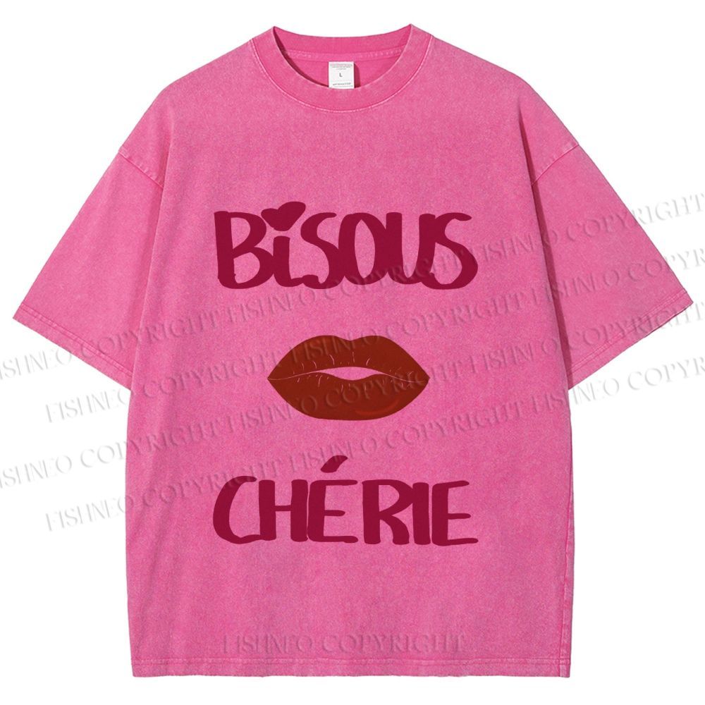 Unisex Bisous Cherie Lip Printed Washed Tee