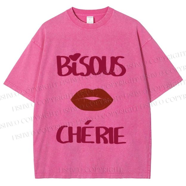 Unisex Bisous Cherie Lip Printed Washed Tee