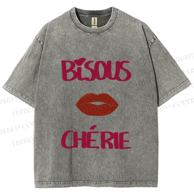 Unisex Bisous Cherie Lip Printed Washed Tee
