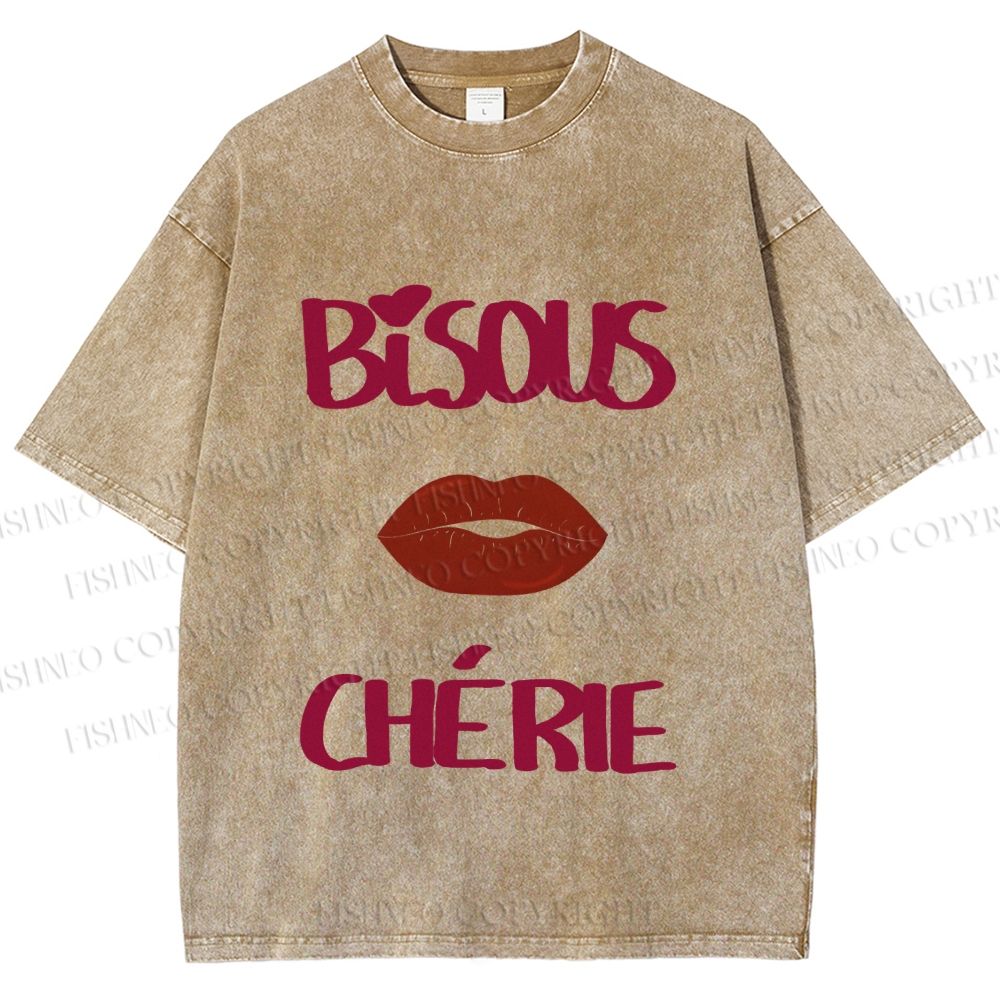 Unisex Bisous Cherie Lip Printed Washed Tee