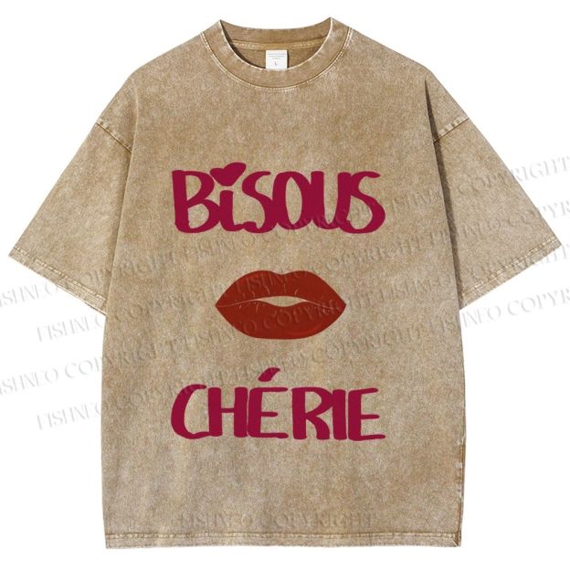 Unisex Bisous Cherie Lip Printed Washed Tee