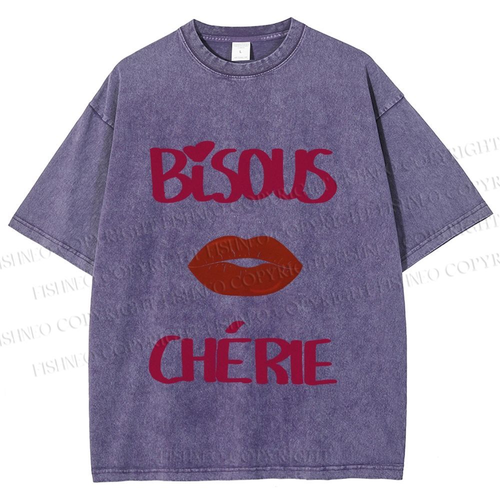 Unisex Bisous Cherie Lip Printed Washed Tee