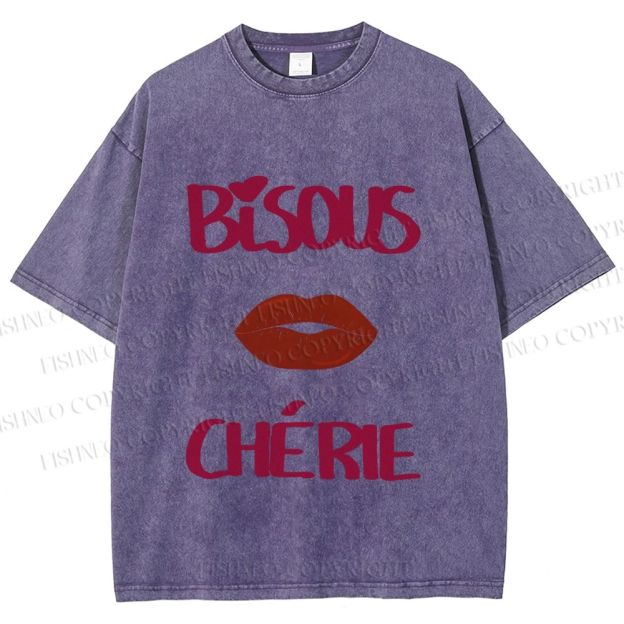 Unisex Bisous Cherie Lip Printed Washed Tee