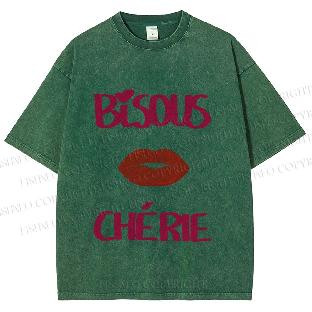 Unisex Bisous Cherie Lip Printed Washed Tee