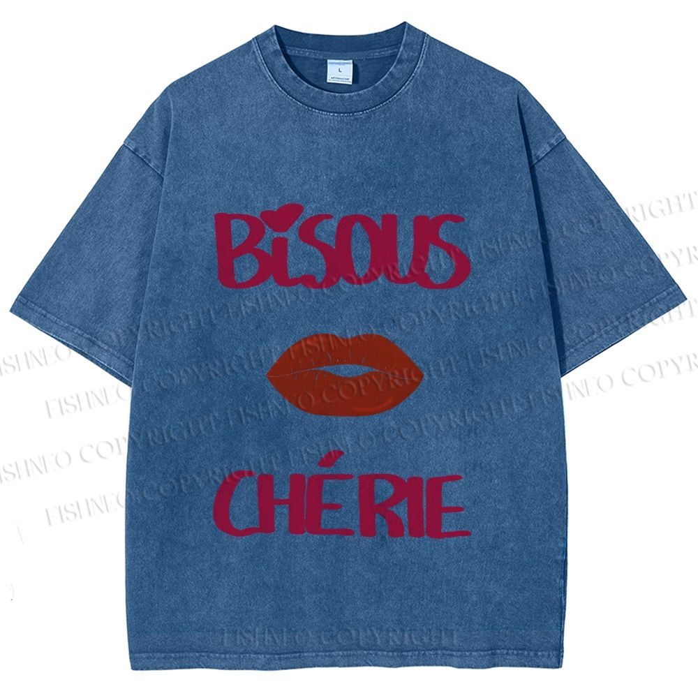 Unisex Bisous Cherie Lip Printed Washed Tee