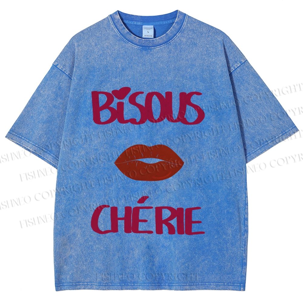Unisex Bisous Cherie Lip Printed Washed Tee