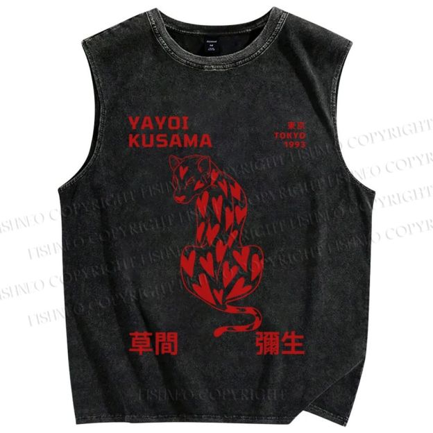 Unisex Yayoi Kusama Panther With Heart Printed Washed Tank Top