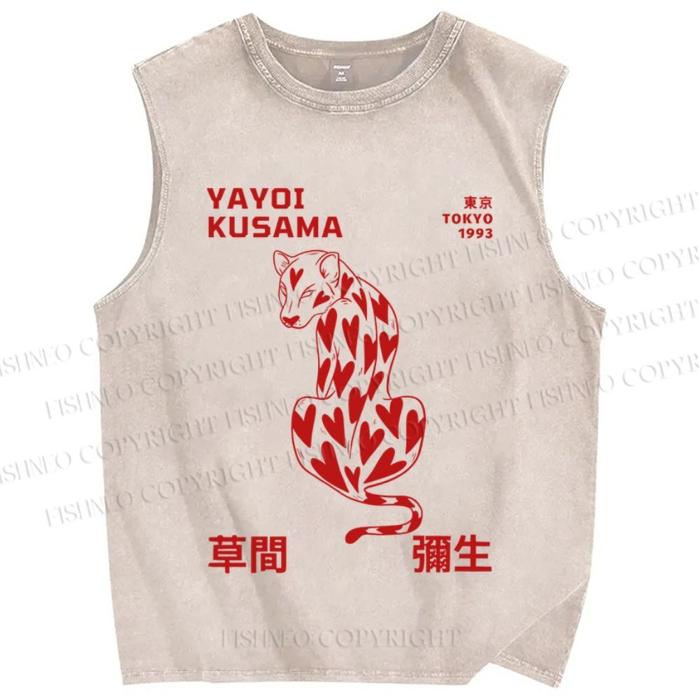 Unisex Yayoi Kusama Panther With Heart Printed Washed Tank Top