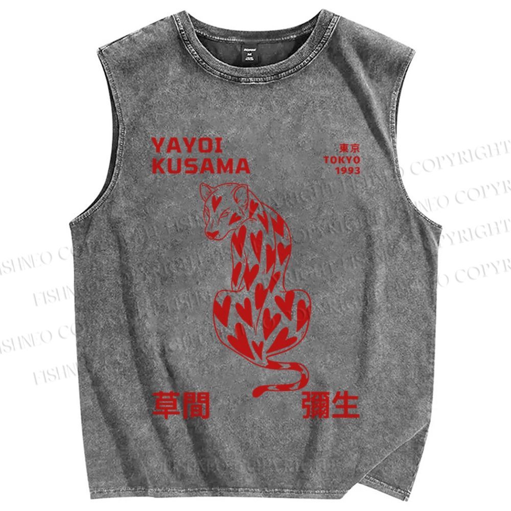 Unisex Yayoi Kusama Panther With Heart Printed Washed Tank Top