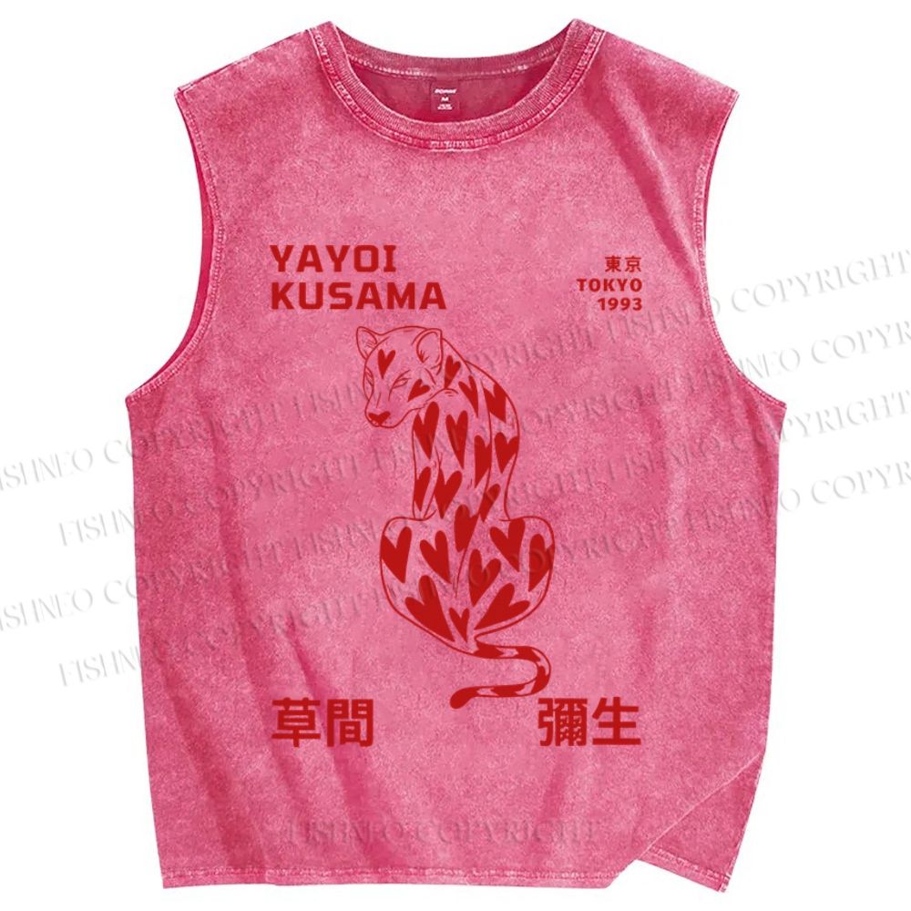 Unisex Yayoi Kusama Panther With Heart Printed Washed Tank Top