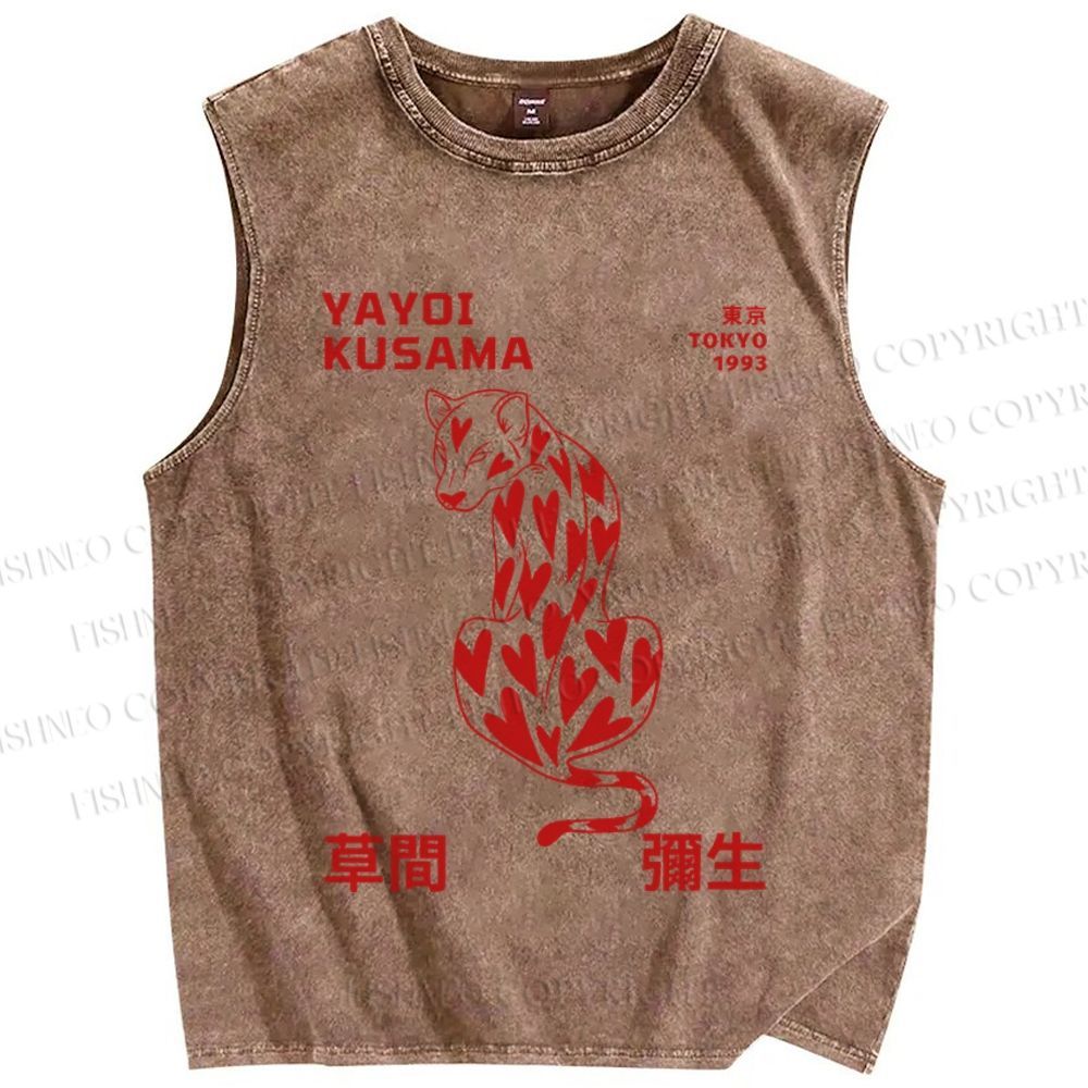 Unisex Yayoi Kusama Panther With Heart Printed Washed Tank Top