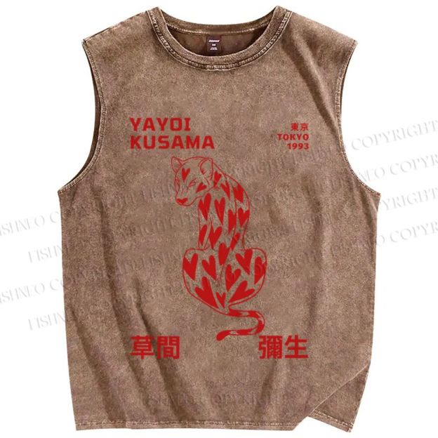 Unisex Yayoi Kusama Panther With Heart Printed Washed Tank Top