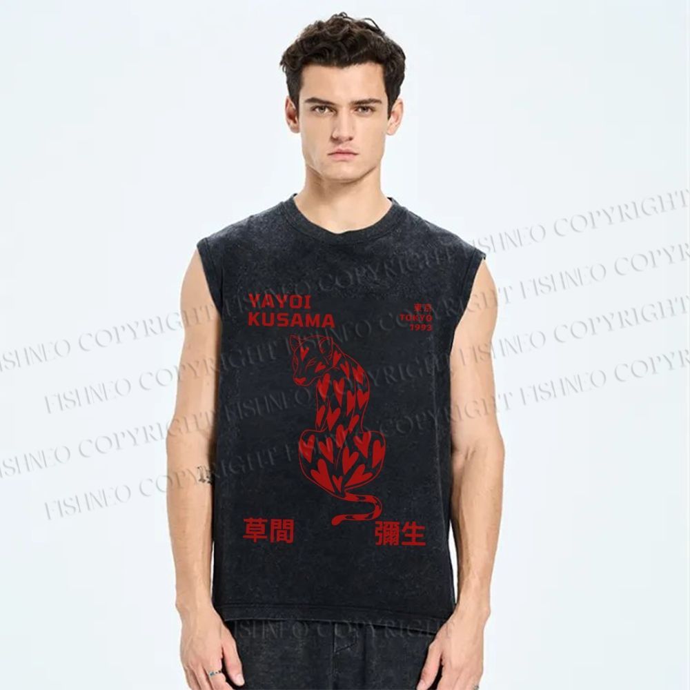 Unisex Yayoi Kusama Panther With Heart Printed Washed Tank Top