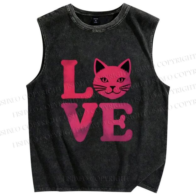 Unisex Love Cat Printed Washed Tank Top