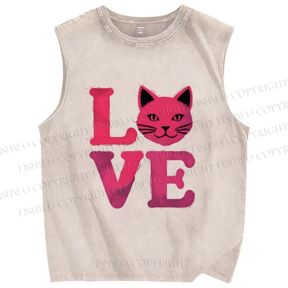 Unisex Love Cat Printed Washed Tank Top