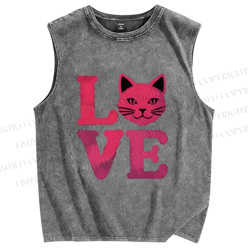 Unisex Love Cat Printed Washed Tank Top