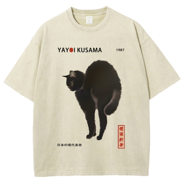 Unisex Yayoi Kusama Cat Vintage Wash Japanese Design T-Shirt