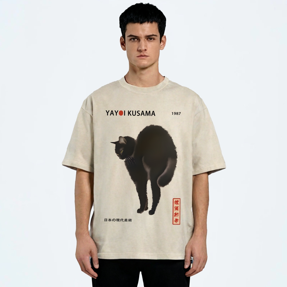 Unisex Yayoi Kusama Cat Vintage Wash Japanese Design T-Shirt