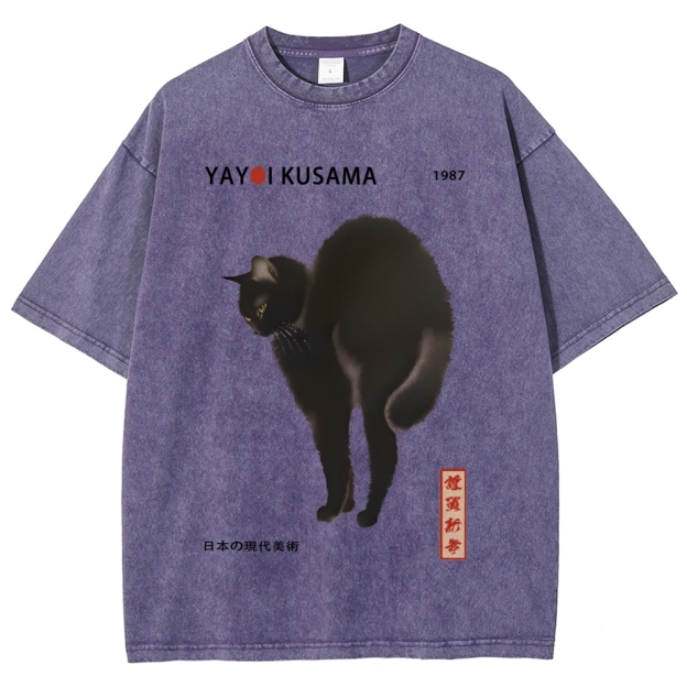 Unisex Yayoi Kusama Cat Vintage Wash Japanese Design T-Shirt