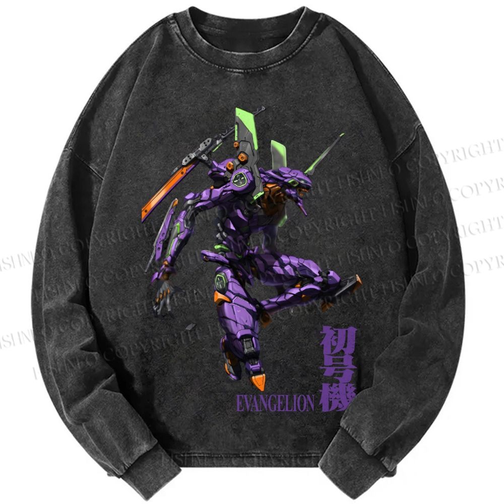 Unisex Casual Washed Neon Genesis Evangelion 01 Printed Long Sleeve T-shirt