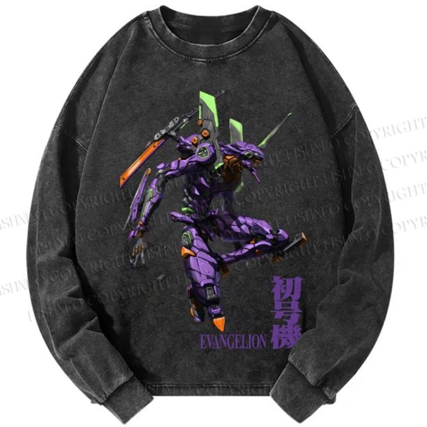 Unisex Casual Washed Neon Genesis Evangelion 01 Printed Long Sleeve T-shirt
