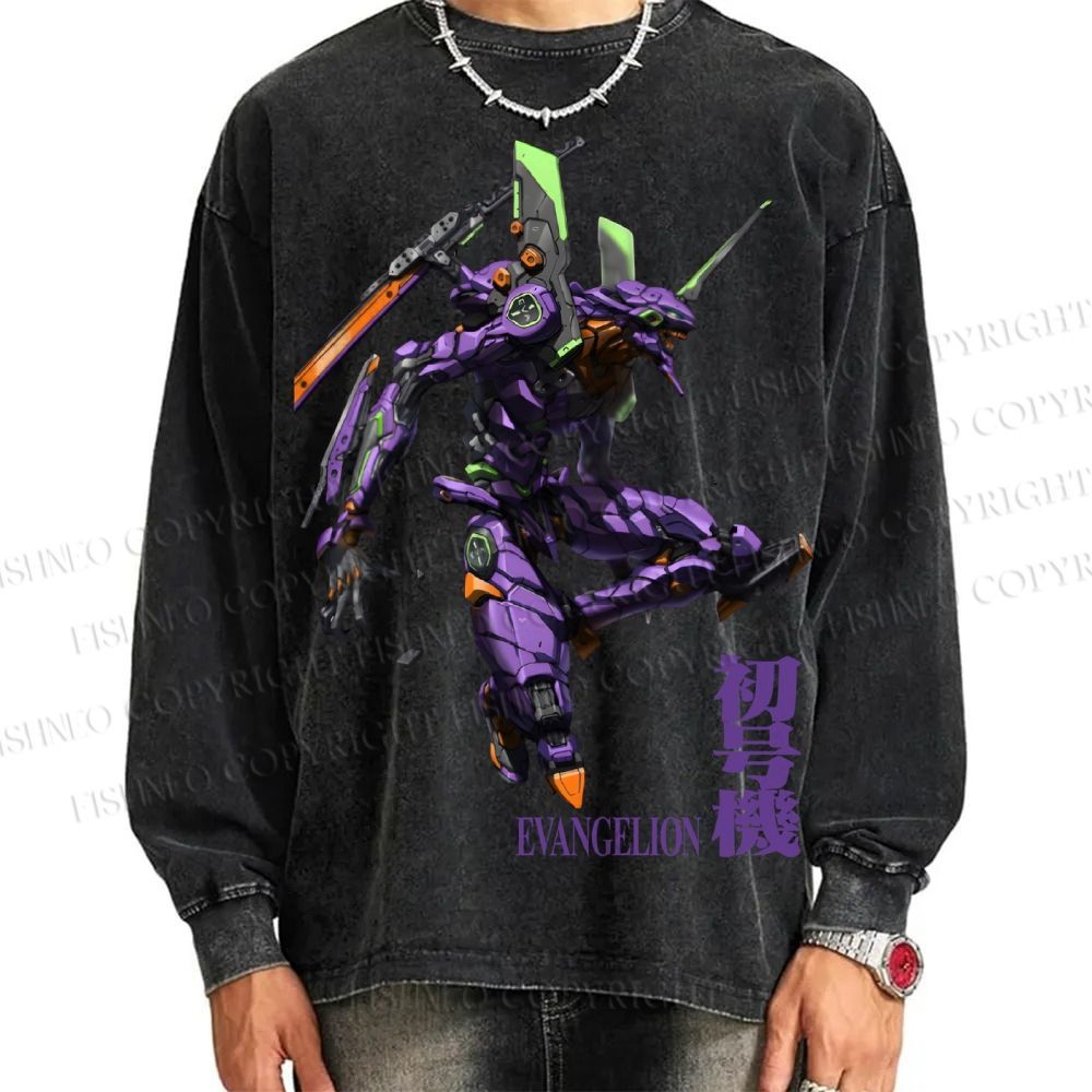Unisex Casual Washed Neon Genesis Evangelion 01 Printed Long Sleeve T-shirt