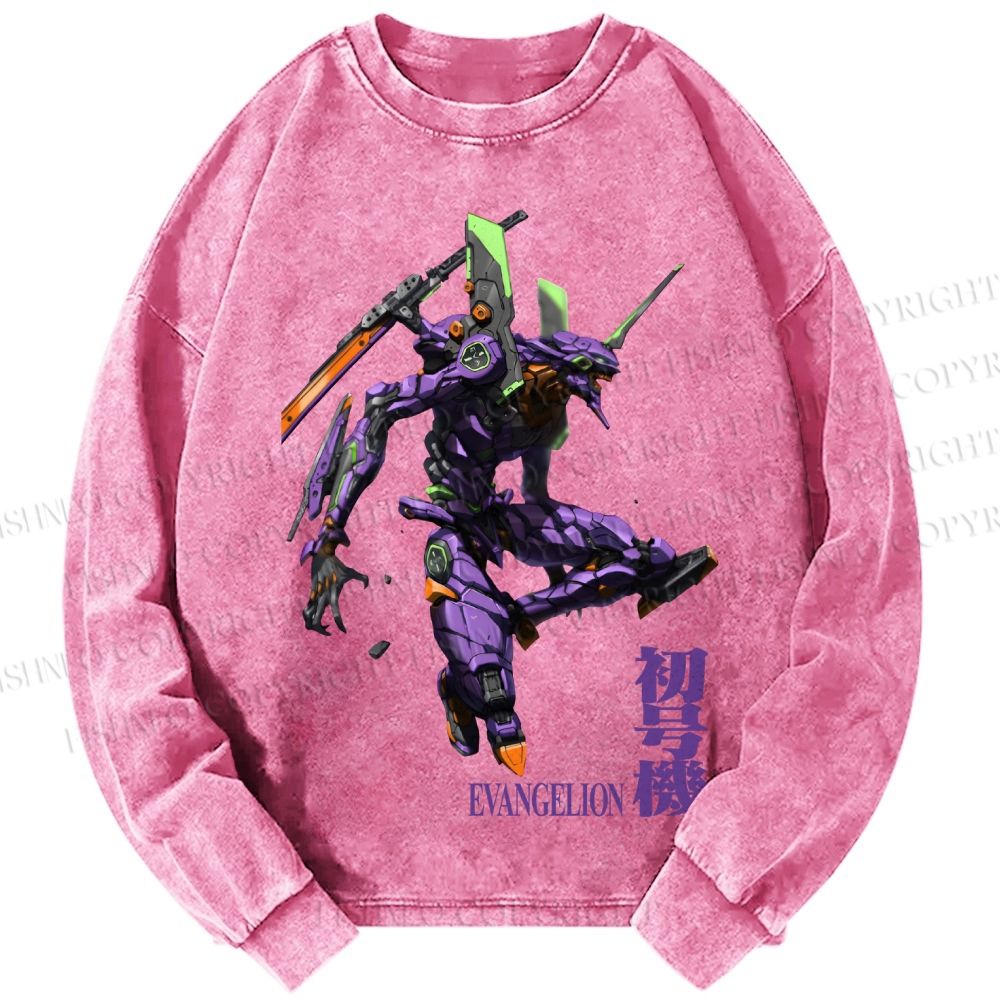 Unisex Casual Washed Neon Genesis Evangelion 01 Printed Long Sleeve T-shirt