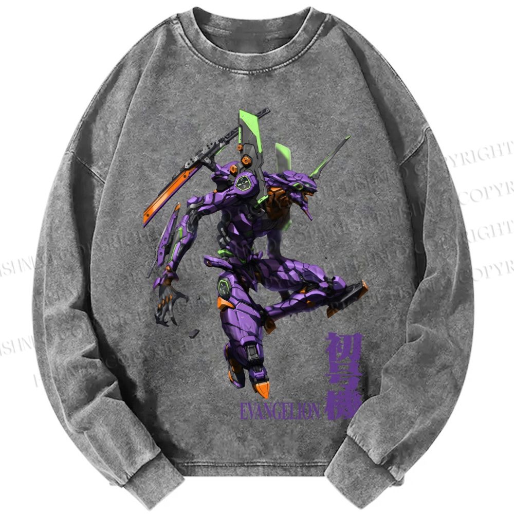 Unisex Casual Washed Neon Genesis Evangelion 01 Printed Long Sleeve T-shirt