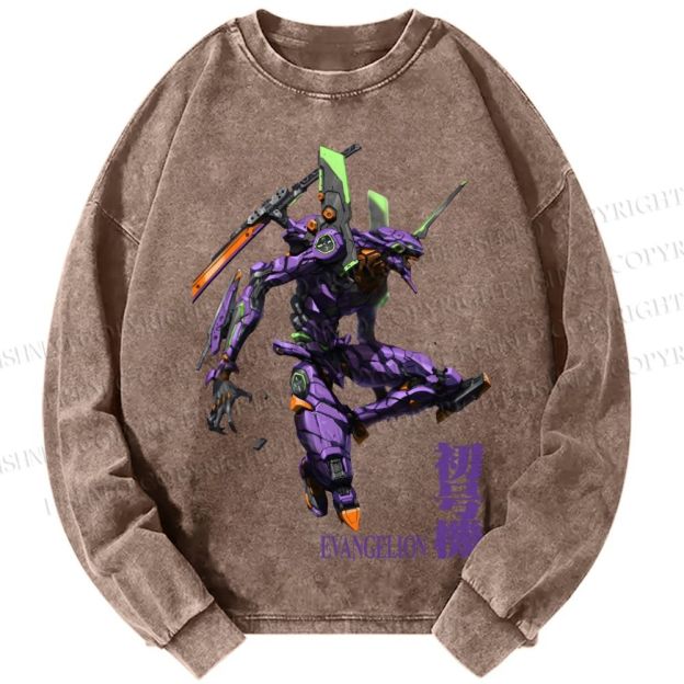 Unisex Casual Washed Neon Genesis Evangelion 01 Printed Long Sleeve T-shirt