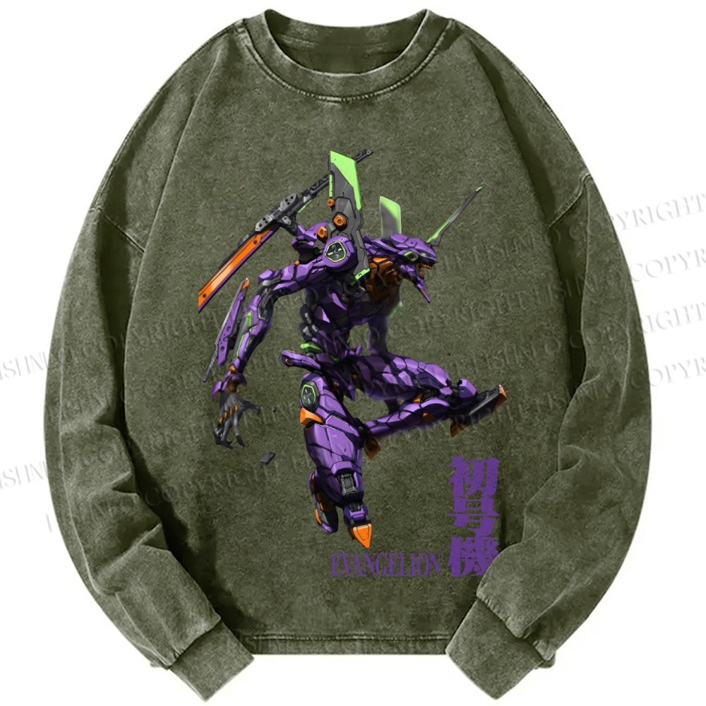 Unisex Casual Washed Neon Genesis Evangelion 01 Printed Long Sleeve T-shirt