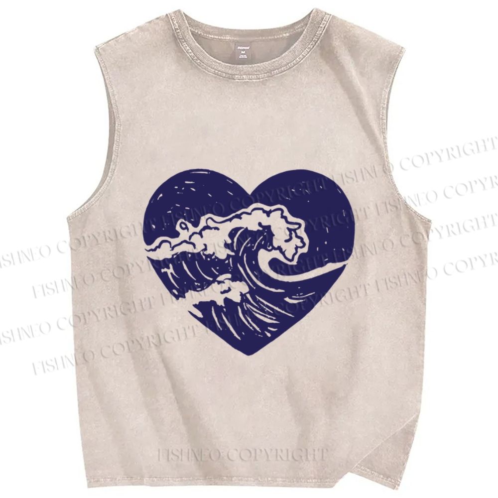 Unisex Wave in Heart Printed Washed Tank Top