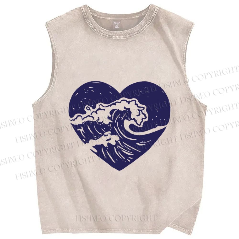 Unisex Wave in Heart Printed Washed Tank Top