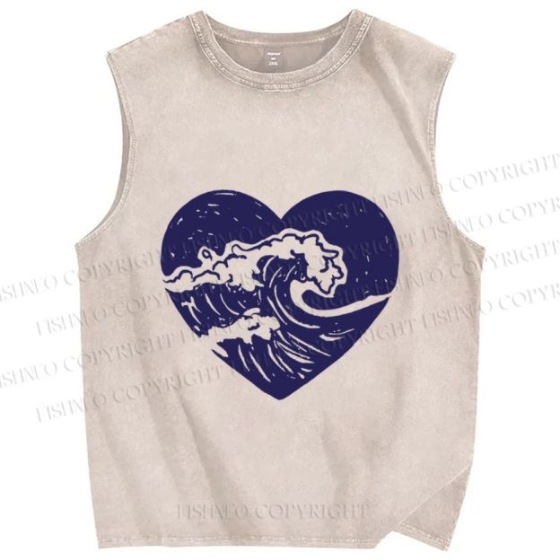 Unisex Wave in Heart Printed Washed Tank Top