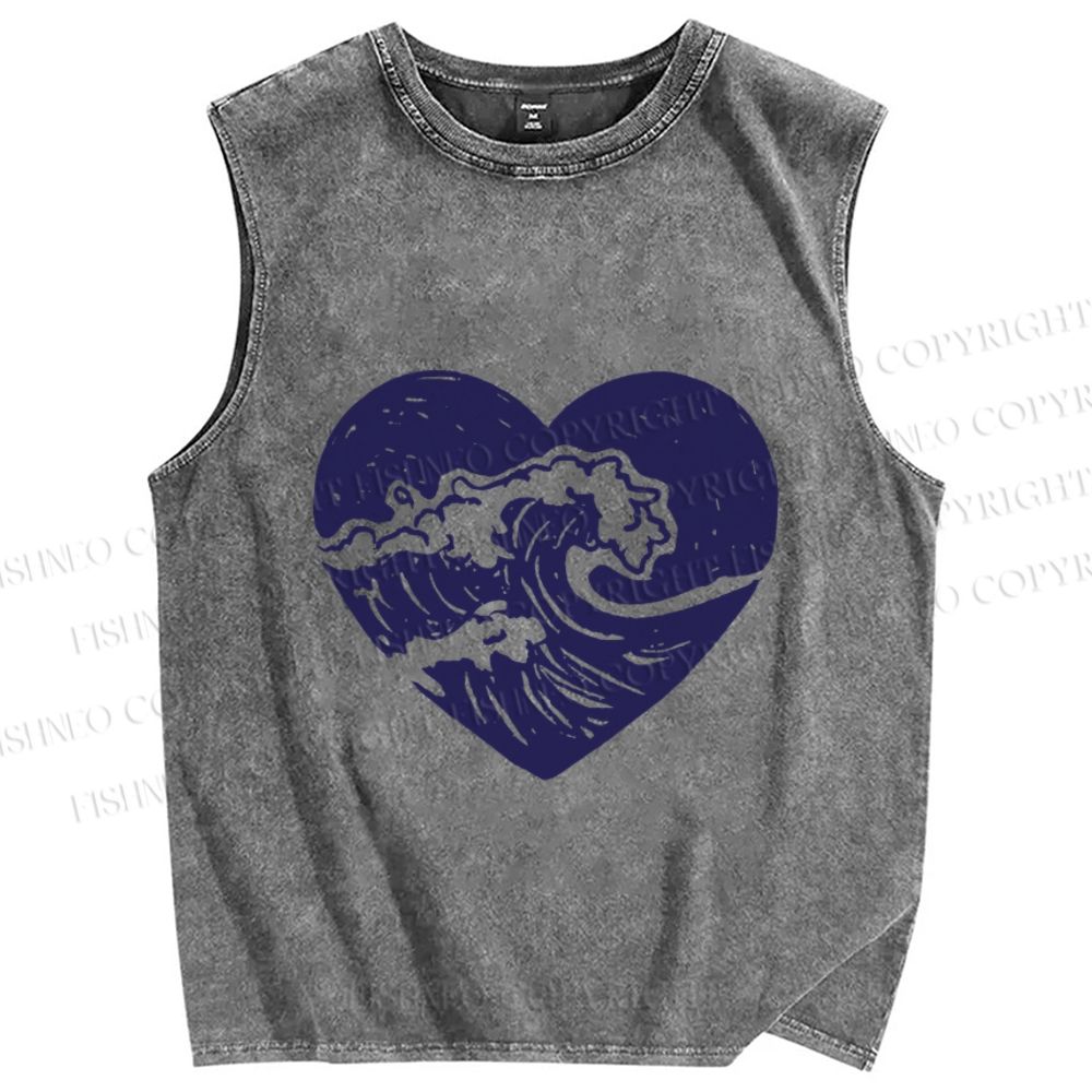 Unisex Wave in Heart Printed Washed Tank Top