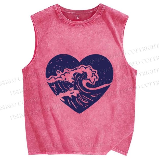 Unisex Wave in Heart Printed Washed Tank Top