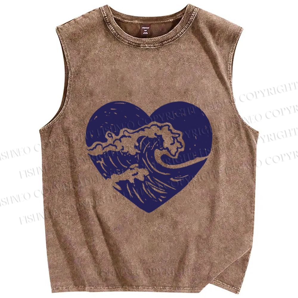 Unisex Wave in Heart Printed Washed Tank Top